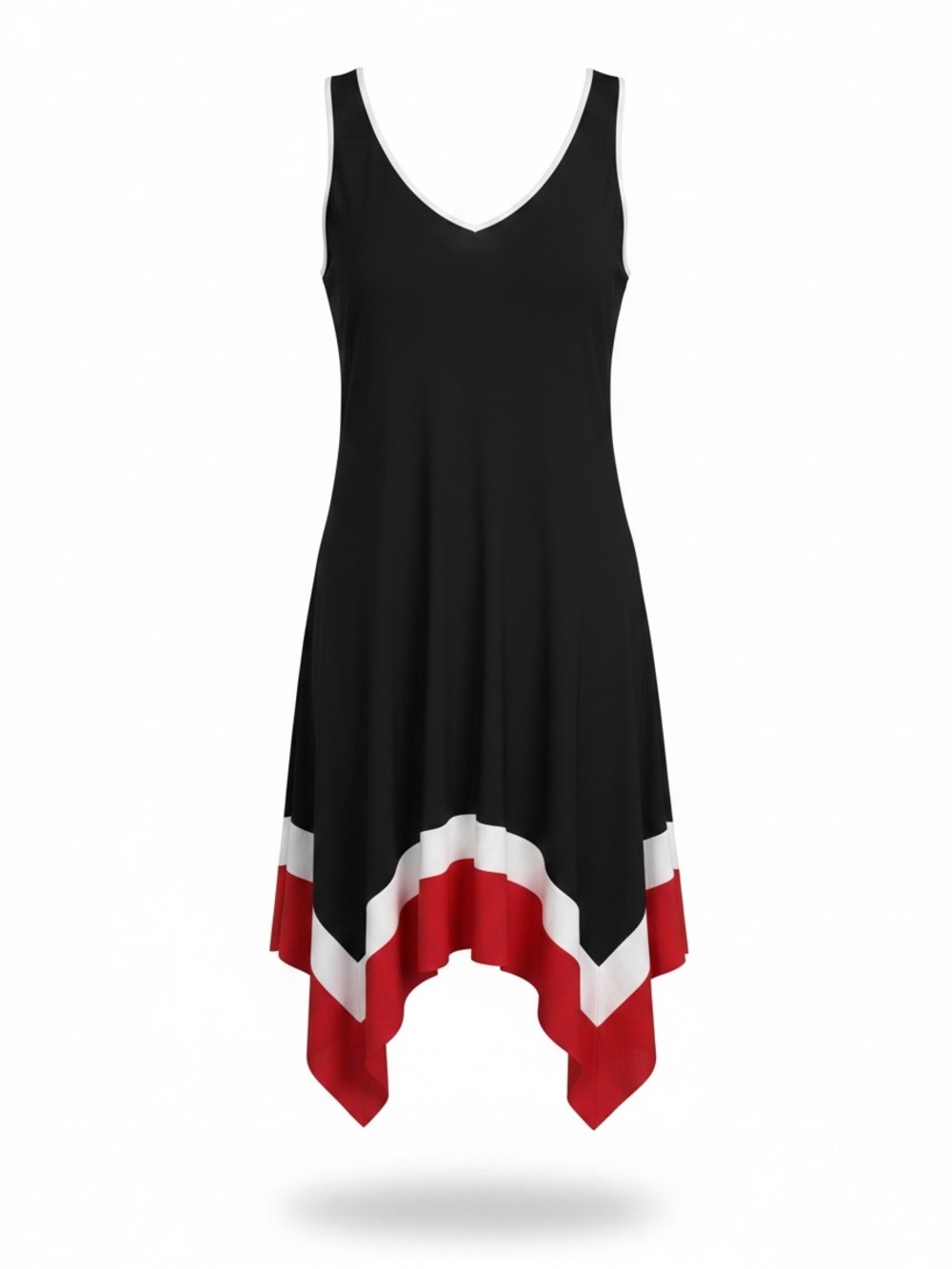 Perseption Black Asymmetrical Handkerchief Hem Dress with Red & White Trim